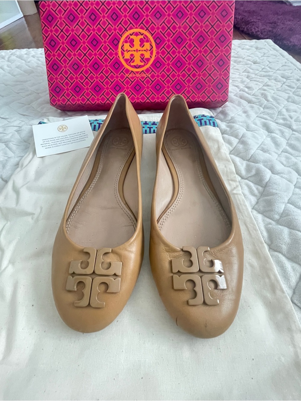 Tory Burch Tan Leather Logo Ballet Flats